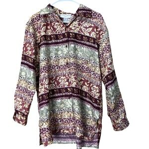 Casual Corner Silk Blouse Womens Small Burgundy Floral Stripe Button Down Shirt